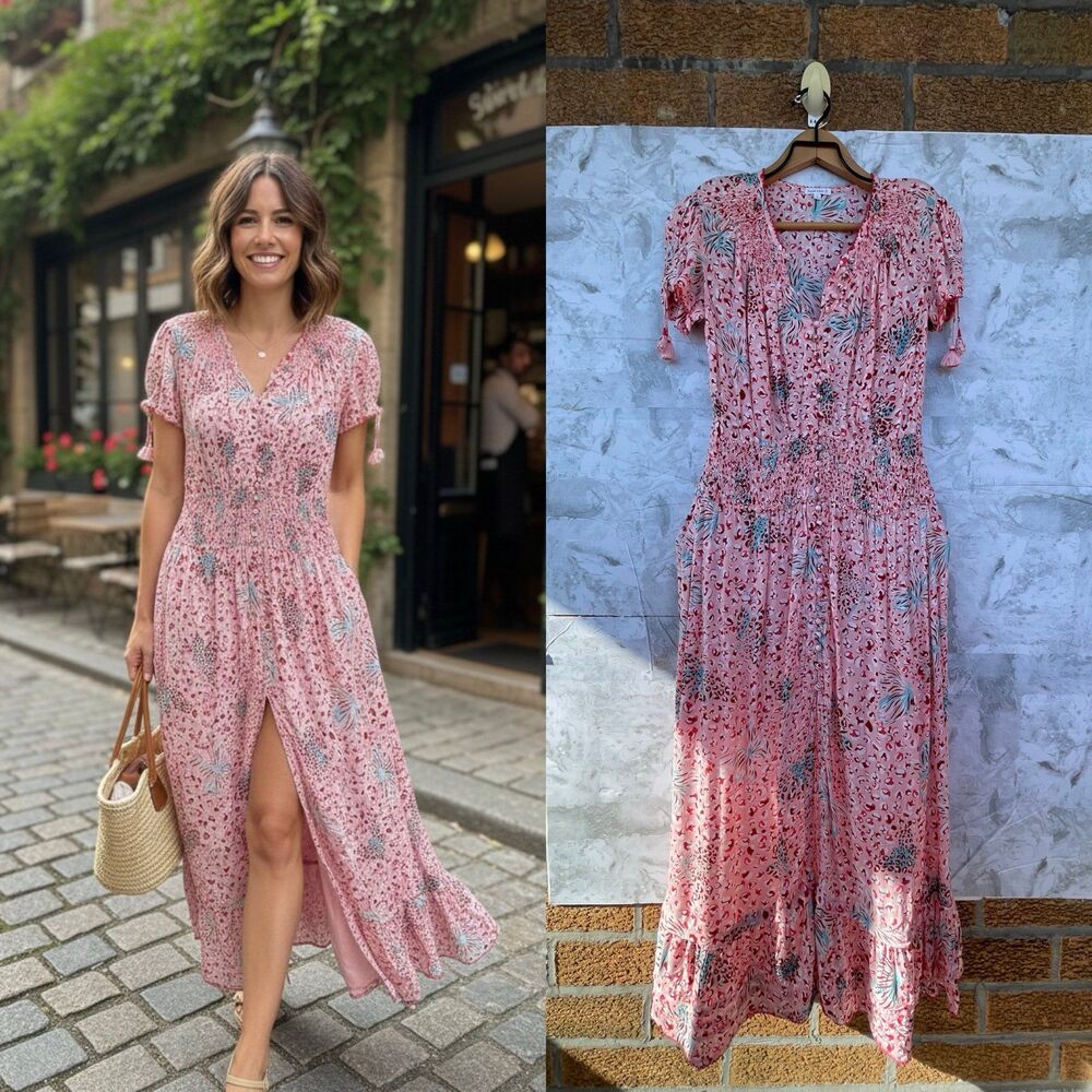 POUPETTE ST BARTH Bonnie Smocked Midi Dress in Light Pink Farfalla small